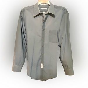 Geofrey Beene Mens Button Up Shirt 17.5 Wrinkle Free Solid Gray Green Long Sleev